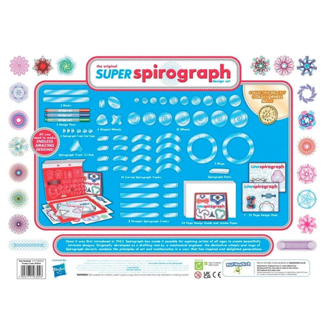 Back of the packaging of a super spirograph design set showing all the pieces
