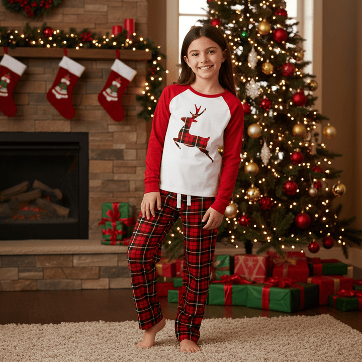 Kids Christmas Pyjama Set Stag/Reindeer Pink Red