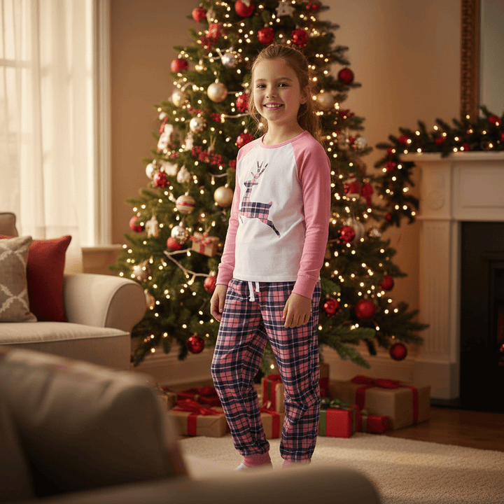Kids Christmas Pyjama Set Stag/Reindeer Pink Red