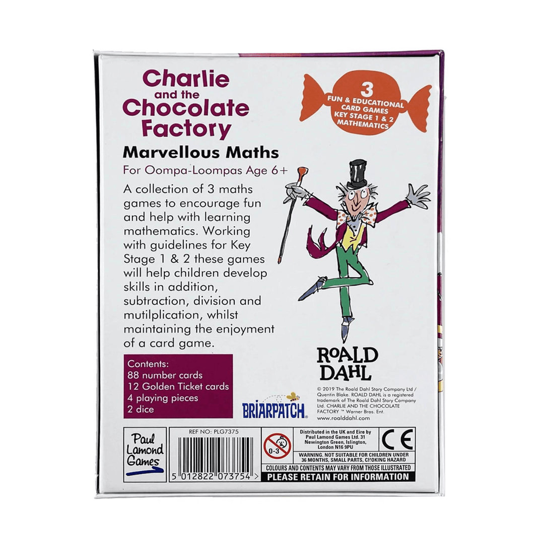 back view of charlie and the chocolate factory card game box 3 educational card games for key stage 1 & 2 mathematics with illustration of charlie