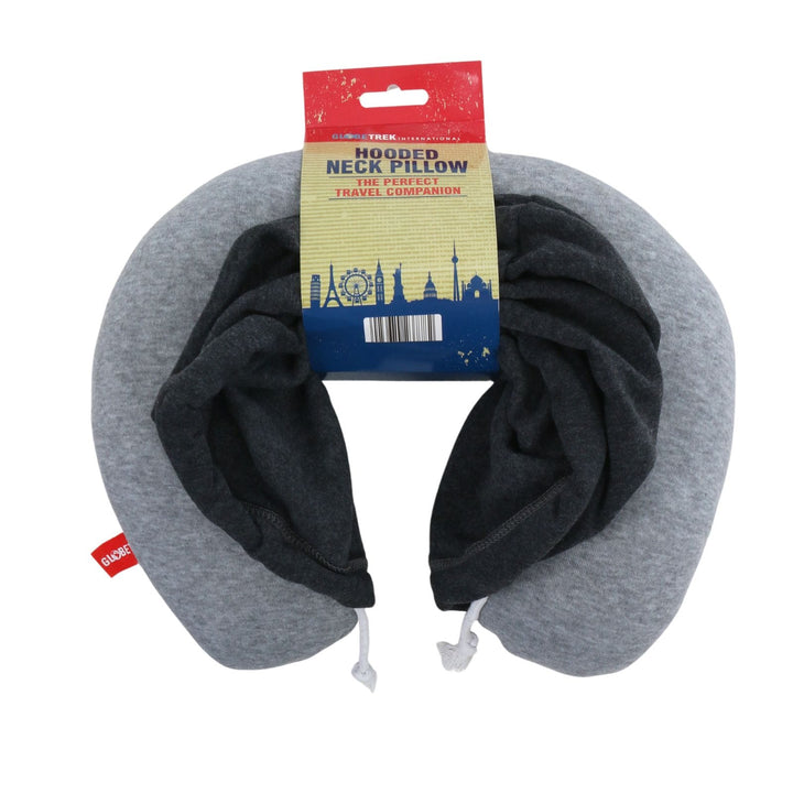 hooded neck pillow with brand sleeve on white background shot from above