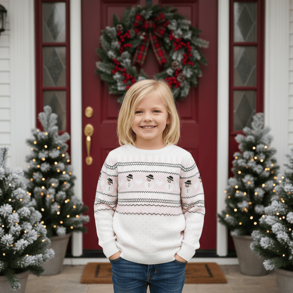 Child wearing a white sweater with black patterns in front of a red door decorated with a wreath and Christmas trees.