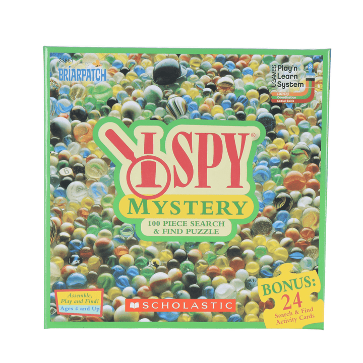 I spy mystery 100 piece search and find puzzle in green box with marble ball imagery