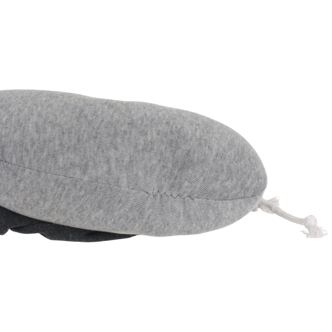 side view of neck pillow with white drawstring for the hood