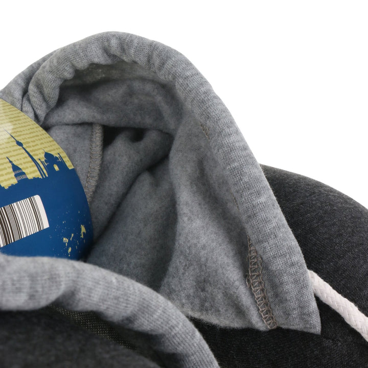 close up of fleece lining in light grey hood on hooded travel neck pillow on white background