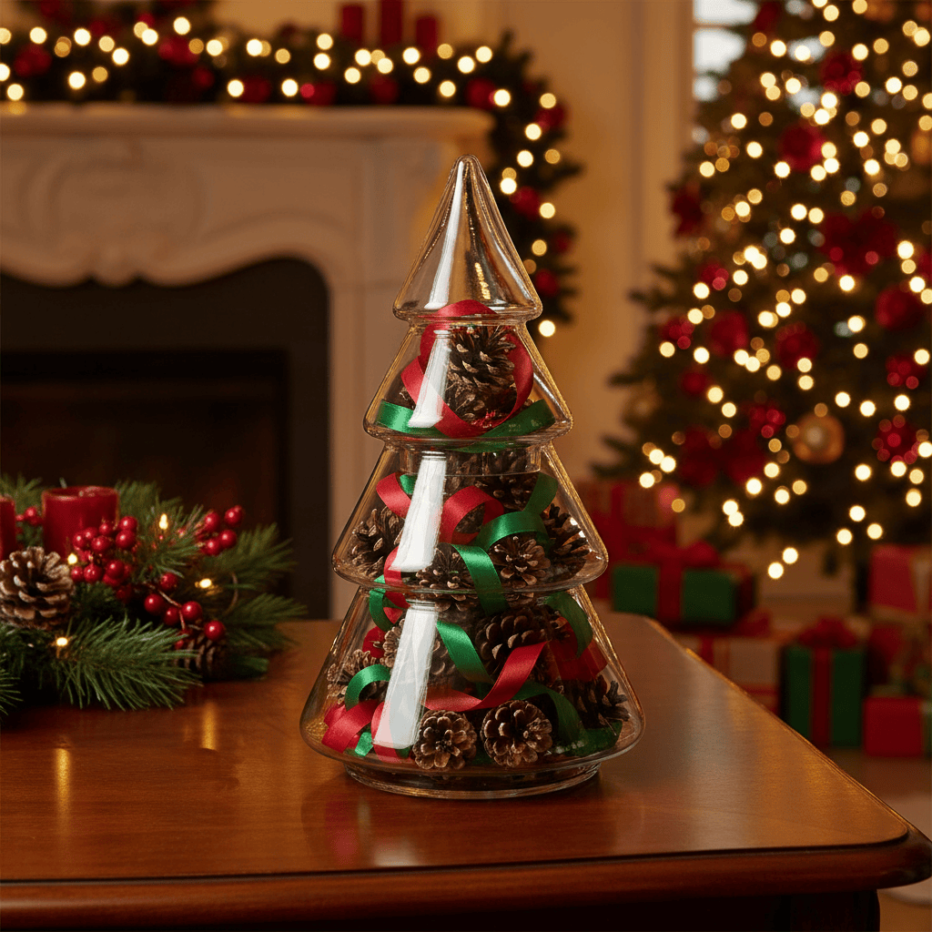 Decorative glass Christmas tree with candles on a wooden table, surrounded by festive decorations including a fireplace and tree.