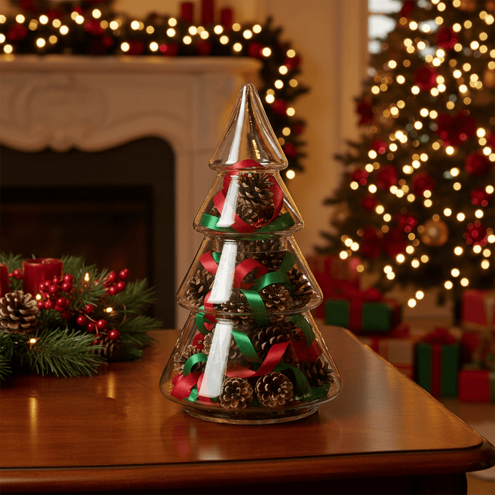 Decorative glass Christmas tree with candles on a wooden table, surrounded by festive decorations including a fireplace and tree.