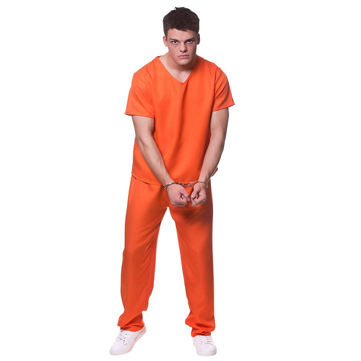 Young man wearing an orange prisoner fancy dress costume with handcuffs, v-neck t-shirt, and matching pants, paired with white sneakers.