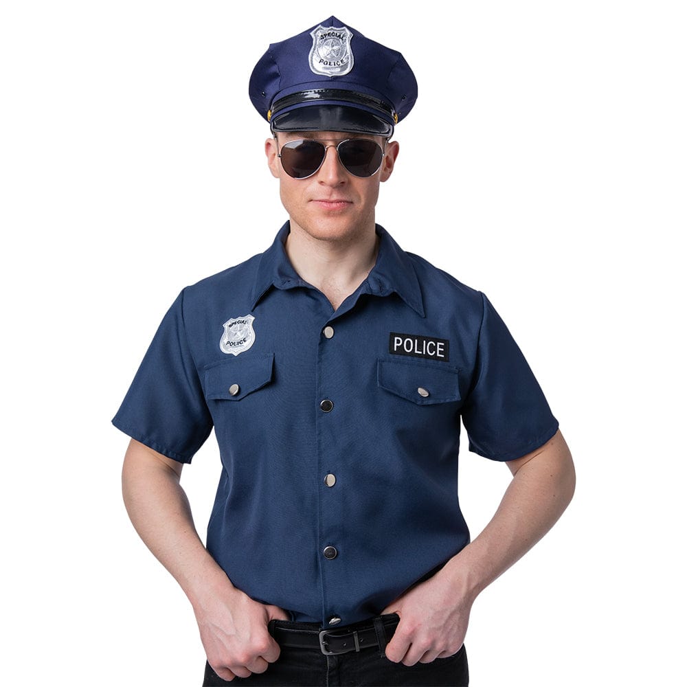 Man wearing a Navy Blue police officer fancy dress costume with silver badge, dark sunglasses, and a cap adorned with a metallic emblem.