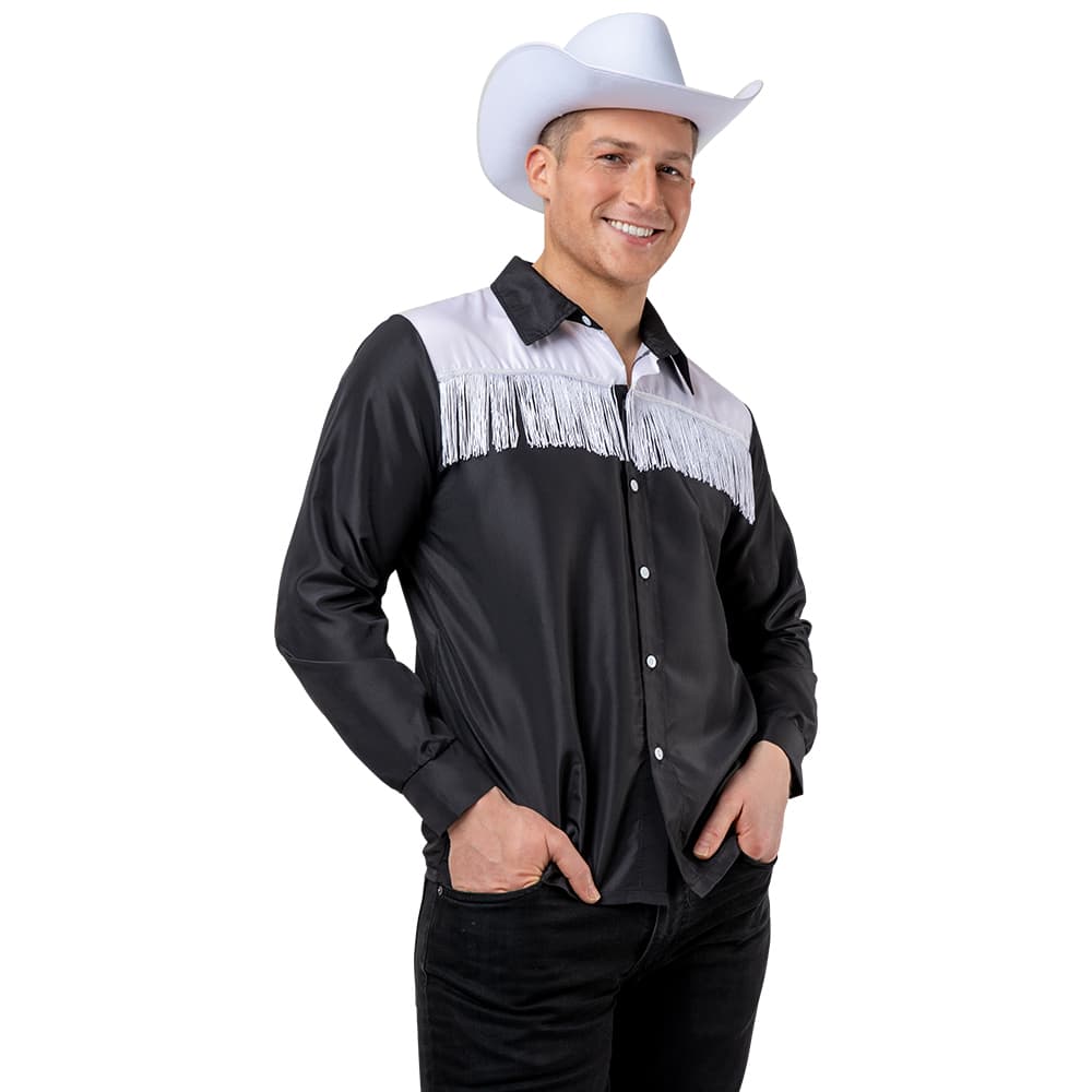 Man Wearing Balck and White frindged cowboy shirt ina relaxed posed and White Cowboy hat