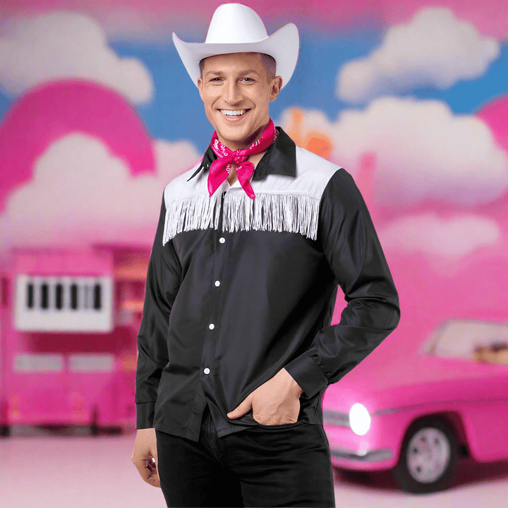 Black Cowboy Shirt &amp; White Fringe Wild West Movie Doll Costume - Men