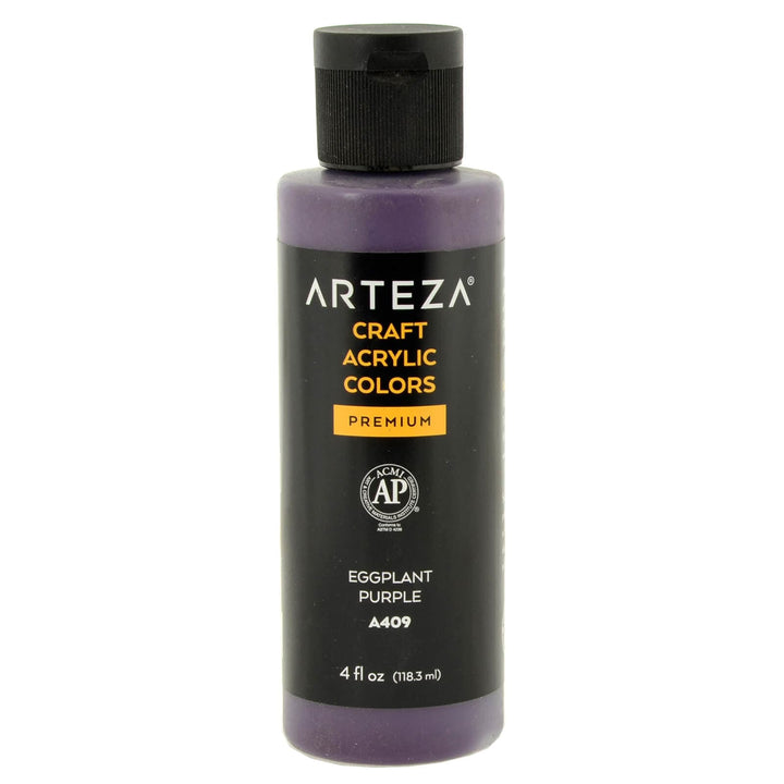 Bottle of Arteza brand A409 Eggplant Purple aubergine coloured acrylic paint on a white background