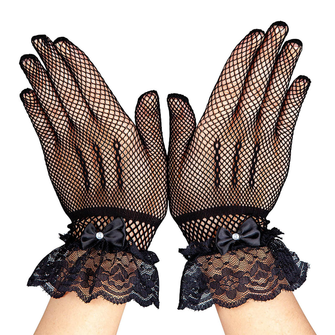 Fishnet Gloves Black Lace Diamante 80s Fancy Dress