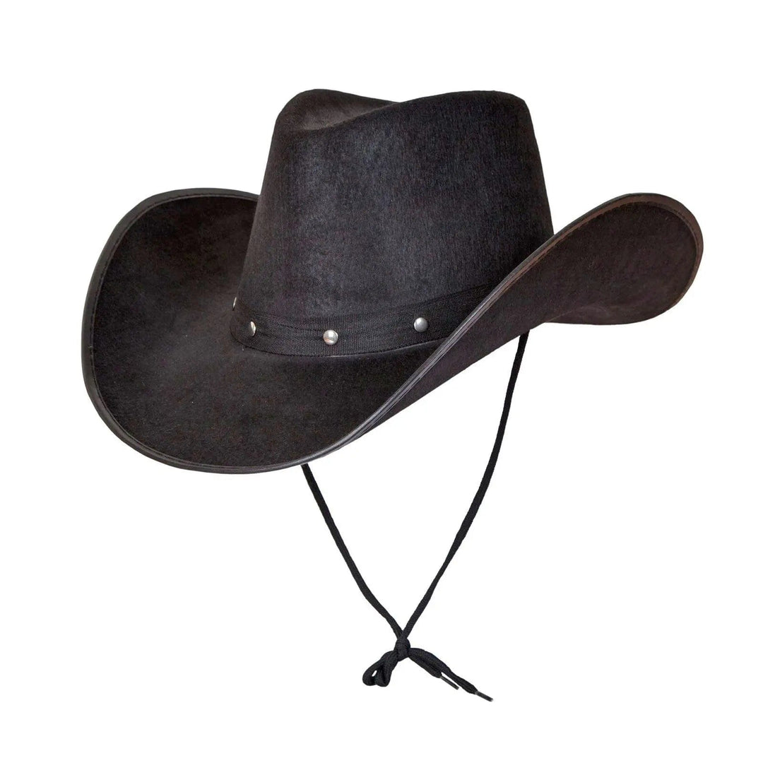 Black felt cowboy hat with neck cord and studded hat band for fancy dress costumes