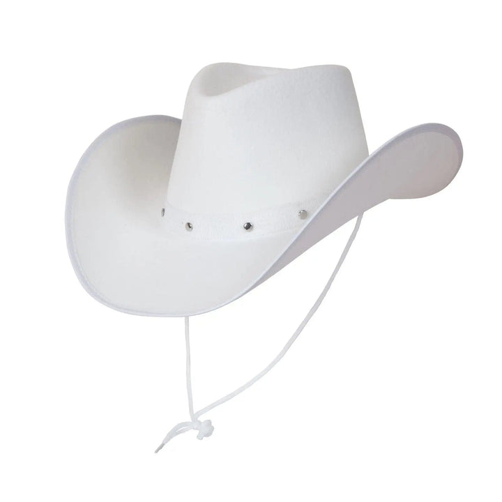 White felt cowboy hat with neck cord and studded hat band for fancy dress costumes