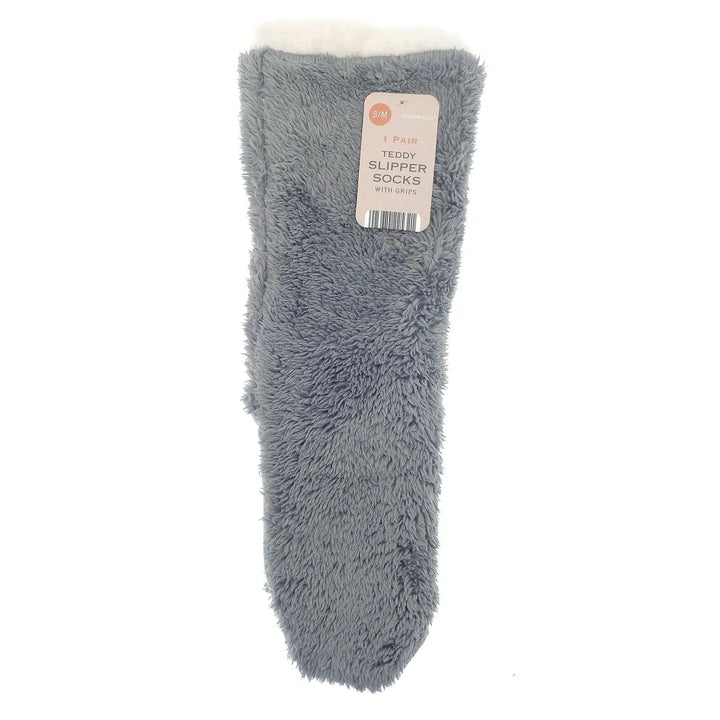 Ladies teddy fleece grey slipper socks for wearing during the winter