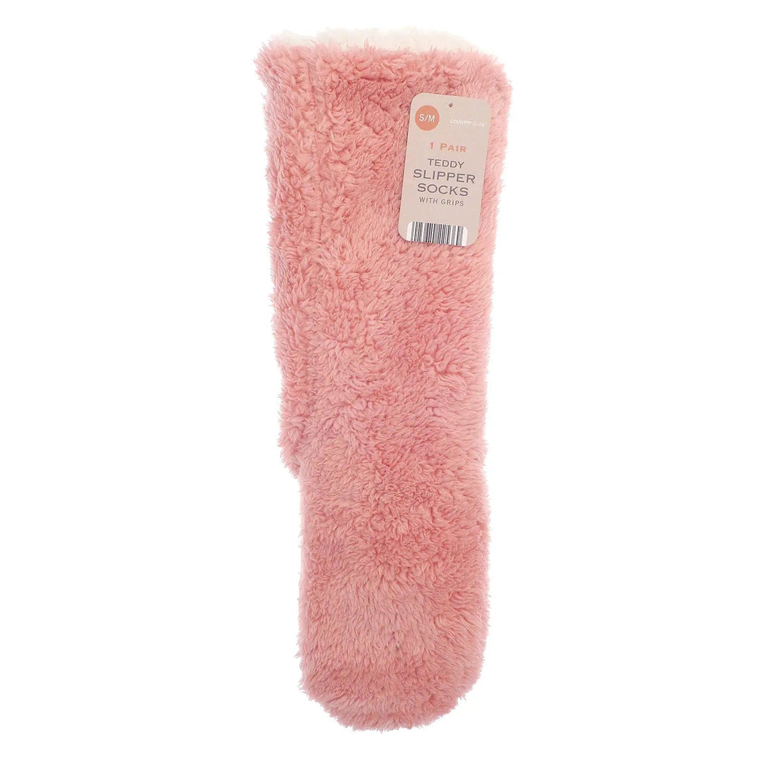 Ladies teddy fleece pink slipper socks showing label