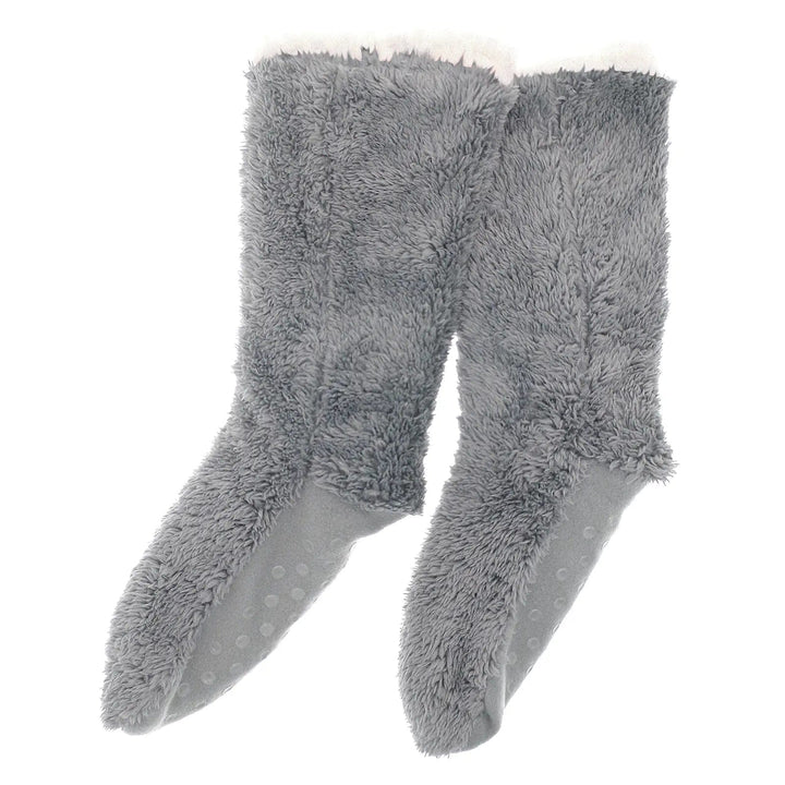 Ladies teddy fleece grey slipper socks with sole grips