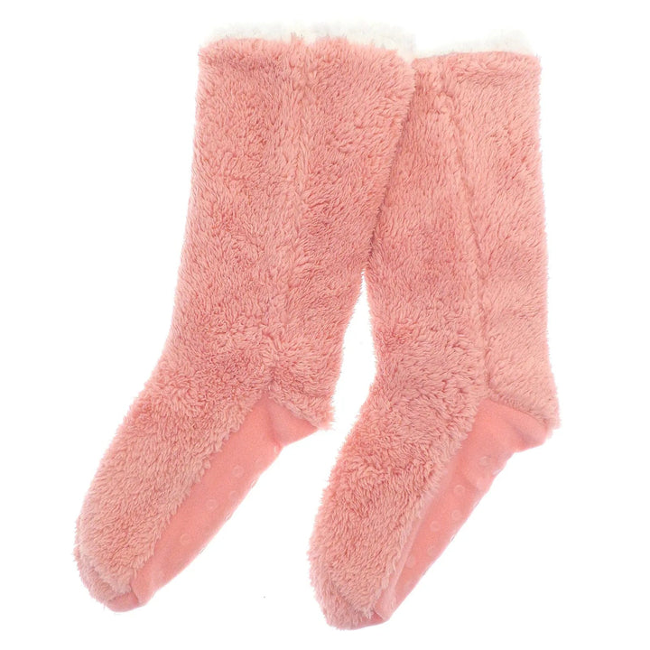 Ladies teddy fleece pink slipper socks with sole grips