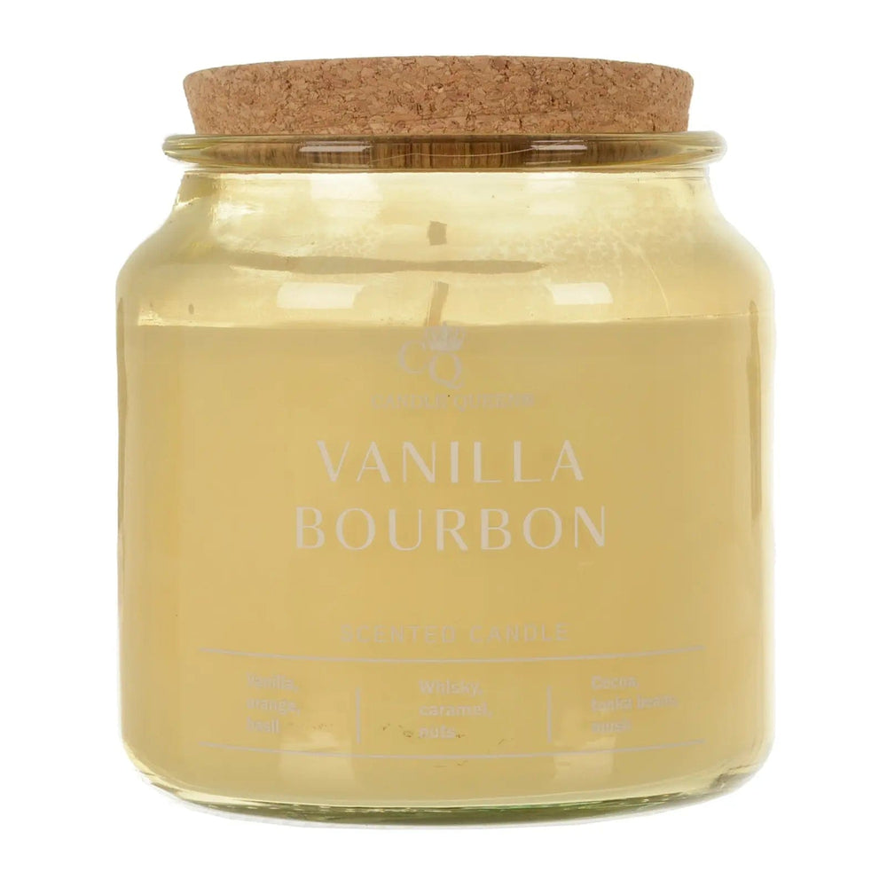 Vanilla Bourbon scented candle in a glass jar with cork lid