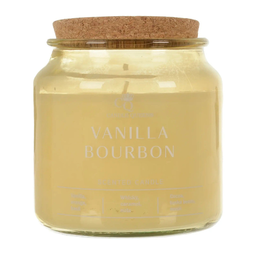 Vanilla Bourbon scented candle in a glass jar with cork lid