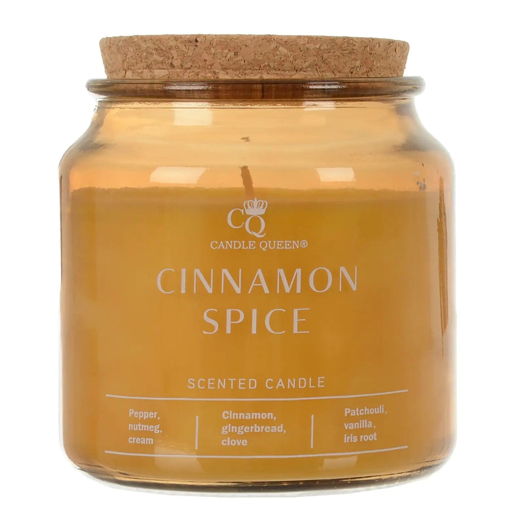 Cinnamon Spice scented candle in a glass jar with cork lid