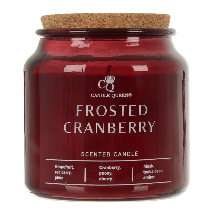 Frosted Cranberry scented candle in a glass jar with cork lid