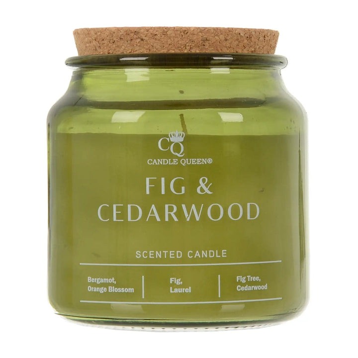 Fig & Cedarwood scented candle in a glass jar with cork lid