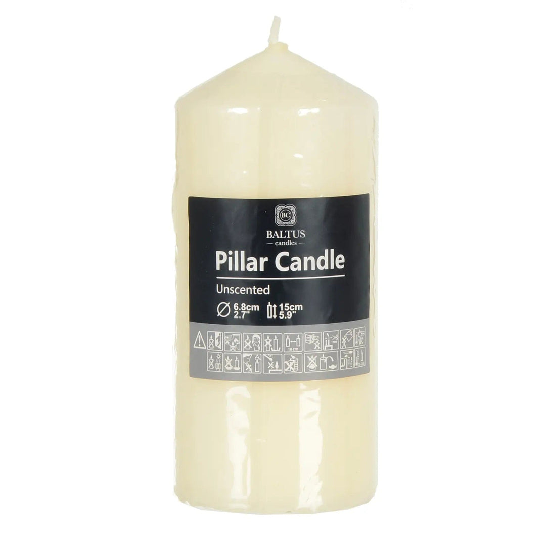 Pale cream unscented pillar candle in packaging