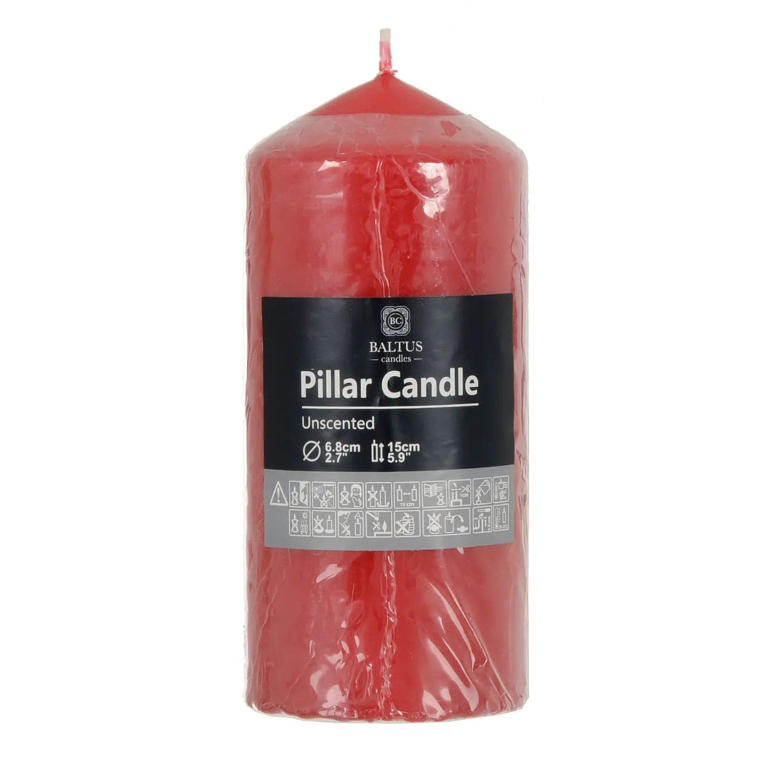 Baltus red unscented pillar candle in packaging