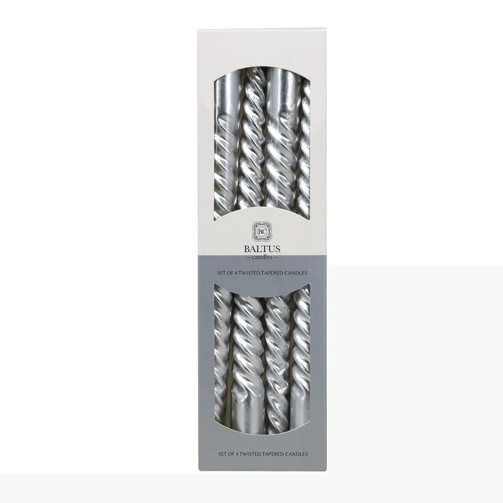 set of 4 unscented silver twister tapered candles in white and grey packaging