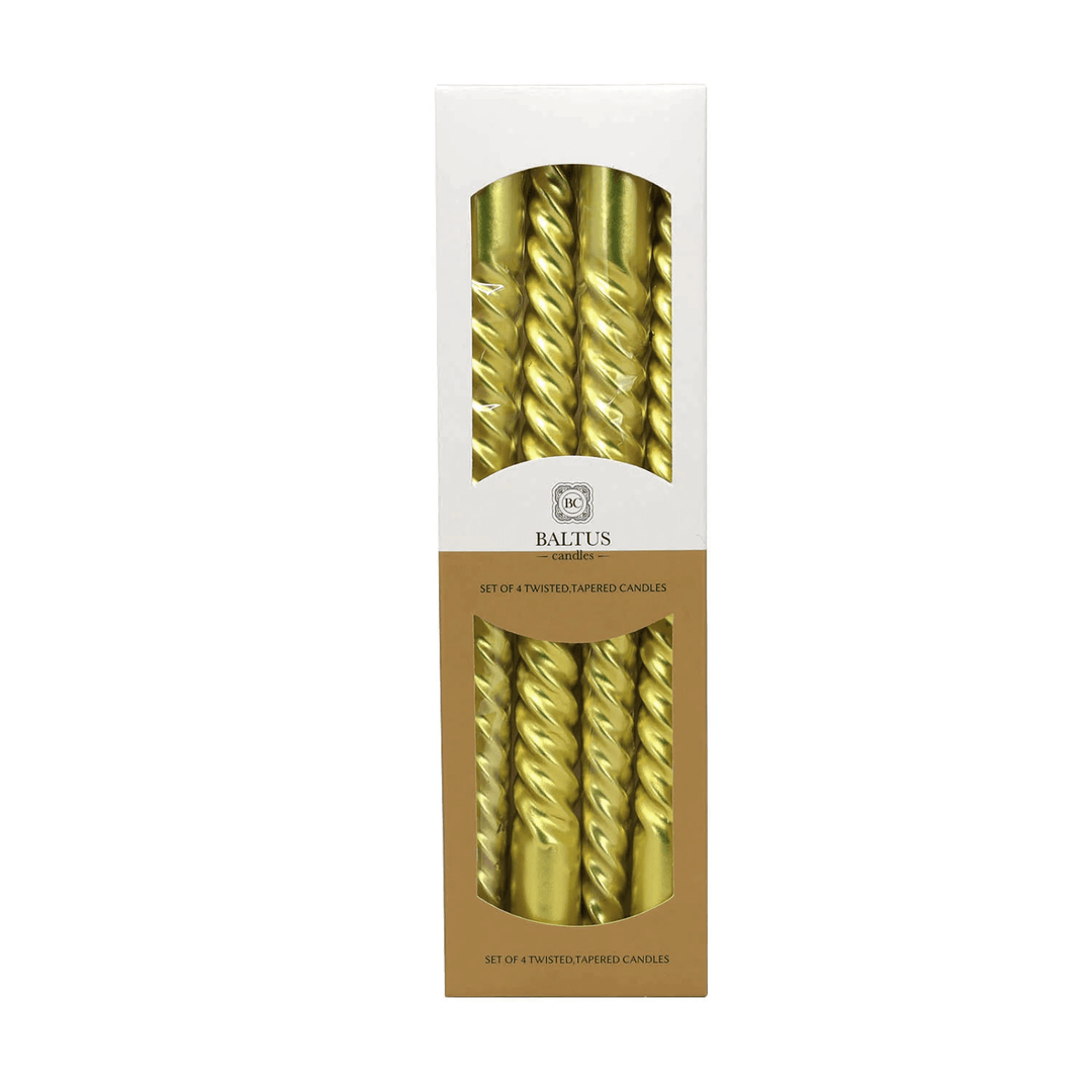 set of 4 unscented gold twisted, tapered candles in white and gold packaging