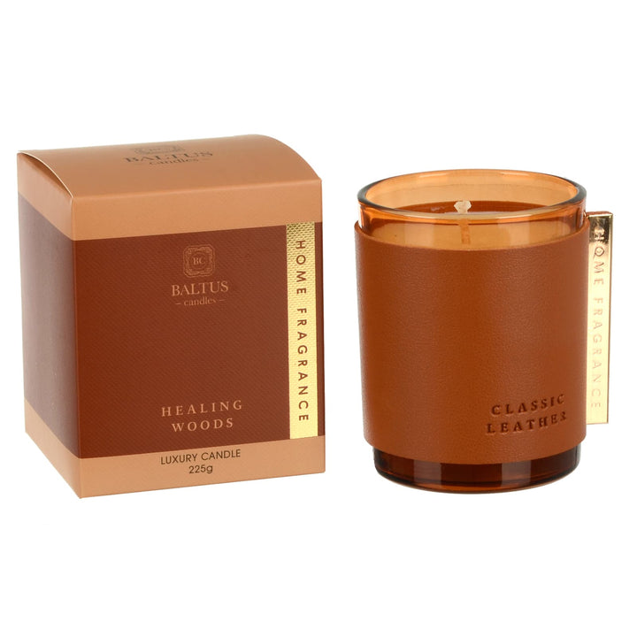 Healing Woods Classic Leather Luxury Candle with gold detailing and gift box packaging