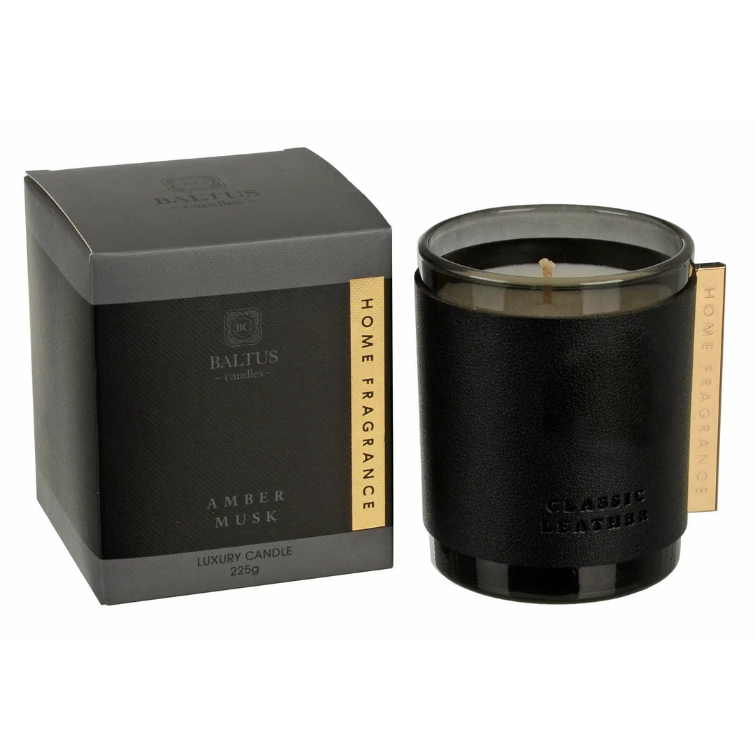 Amber Musk Classic Leather Luxury Candle with gold detailing and gift box packaging