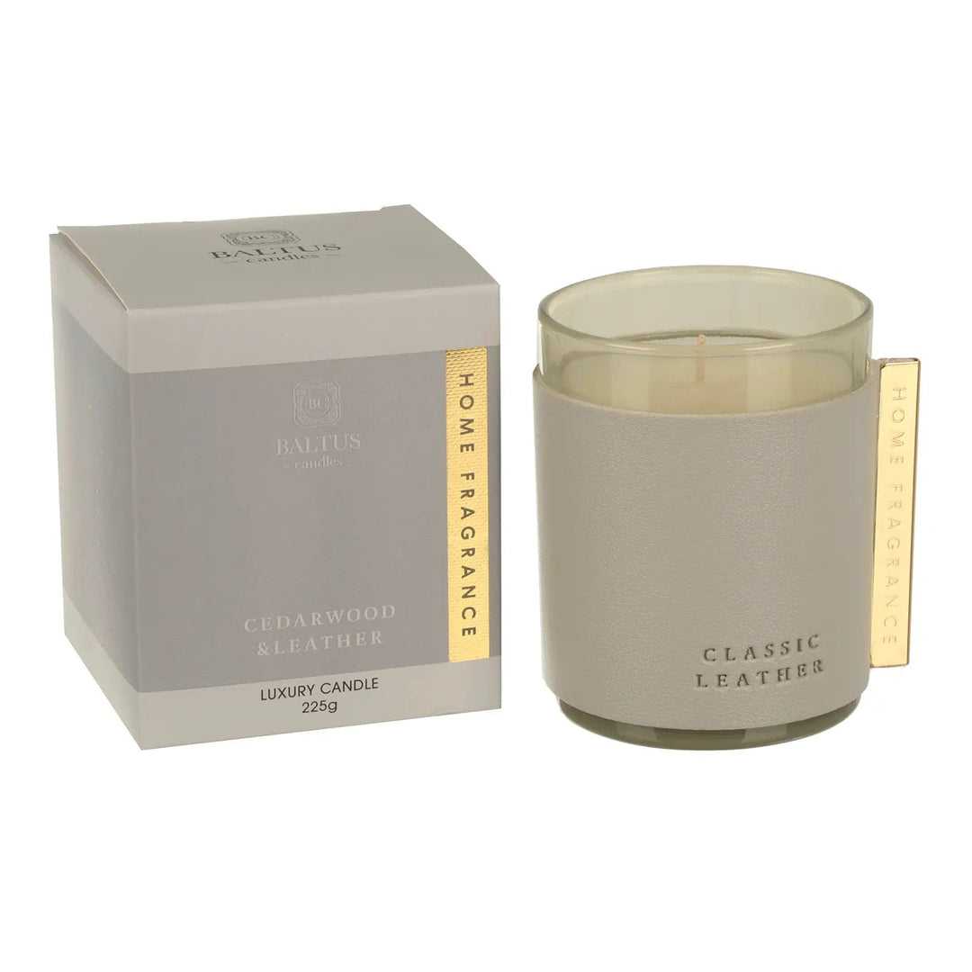 Cedarwood and Leather scented Classic Leather Luxury Candle with gold detailing and gift box packaging