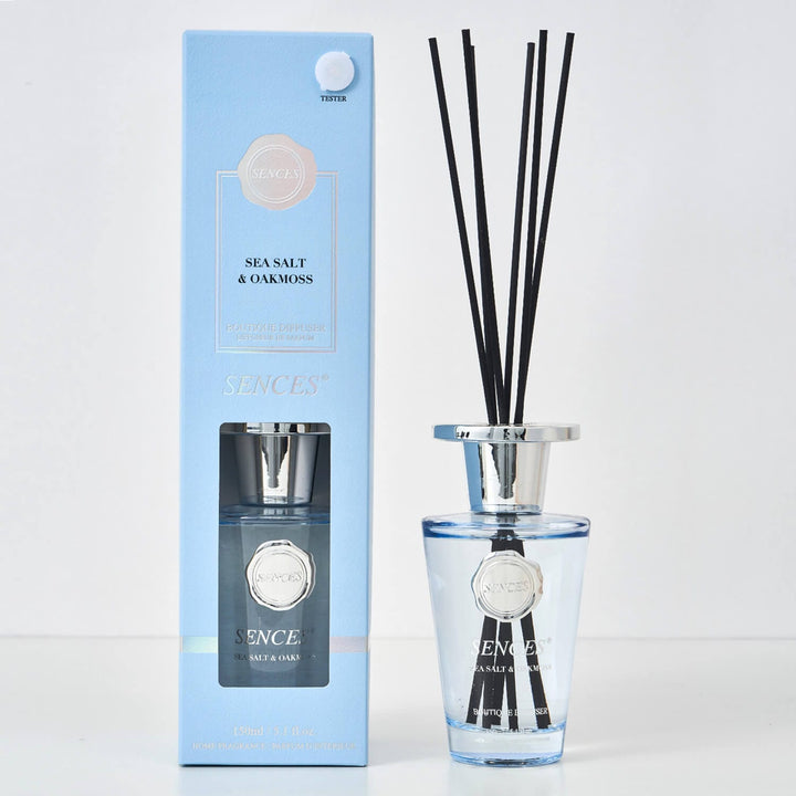 Sences Sea Salt &amp; Oakmoss Reed diffuser with blue glass bottle, black reeds and gift box packaging