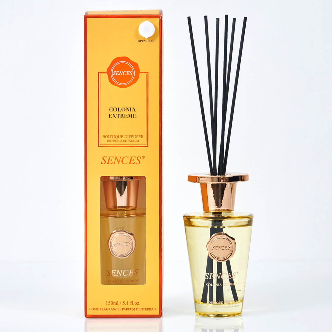 Sences Colonia Extreme Reed diffuser with pale yellow glass bottle, black reeds and gift box packaging