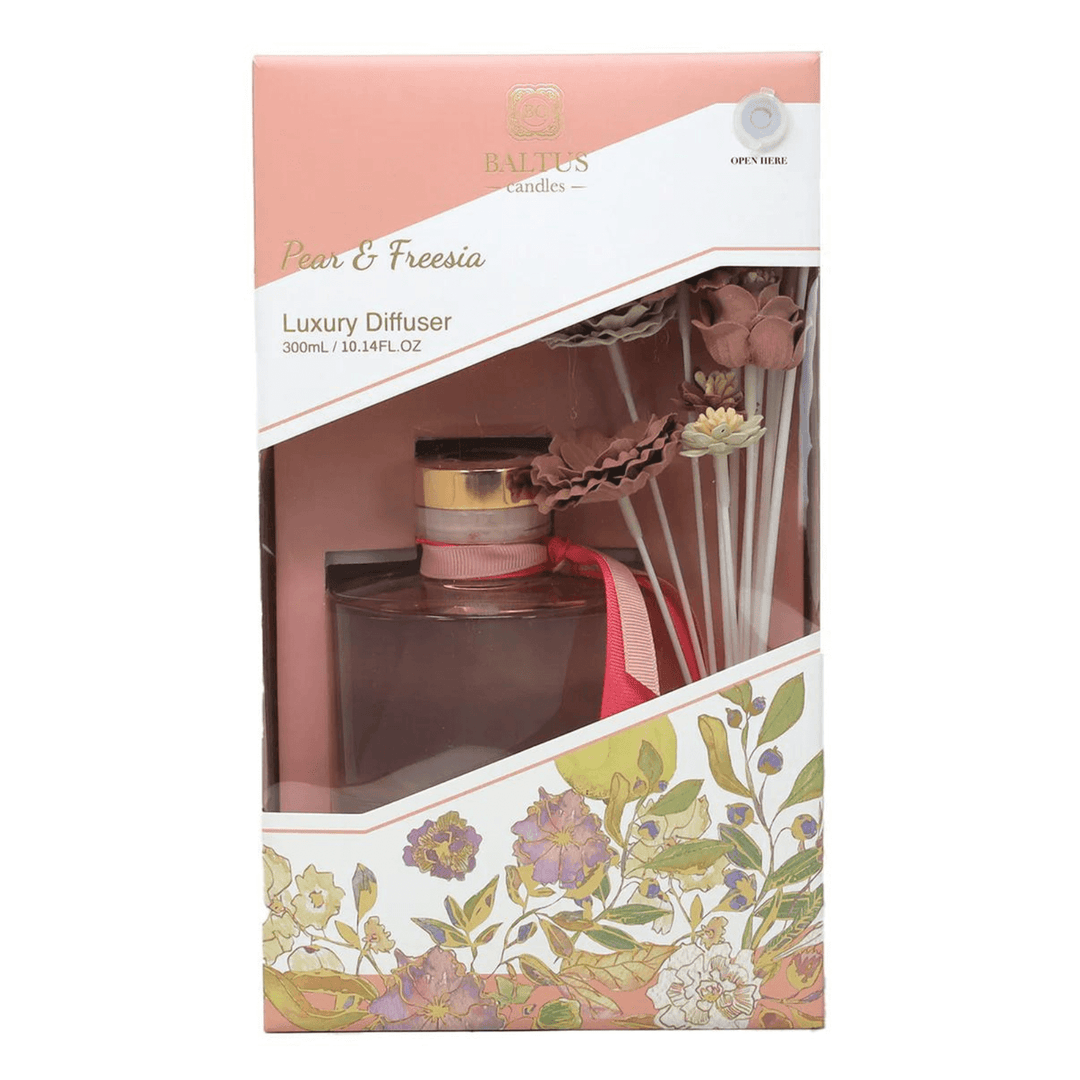 pear & freesia fragrance reed diffuser box with pink floral details and gold accents