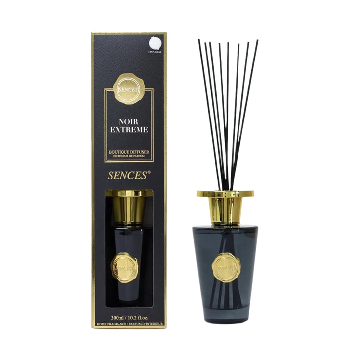 Noir Extreme Sences Boutique Diffuser with black reeds and black bottle with gold detailing