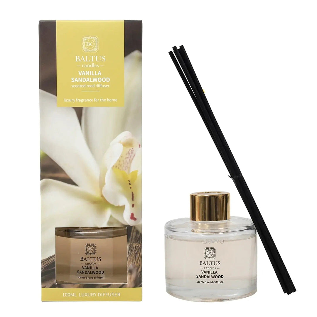 Vanilla Sandalwood scented reed diffuser 100ml with black reeds and gift box packaging