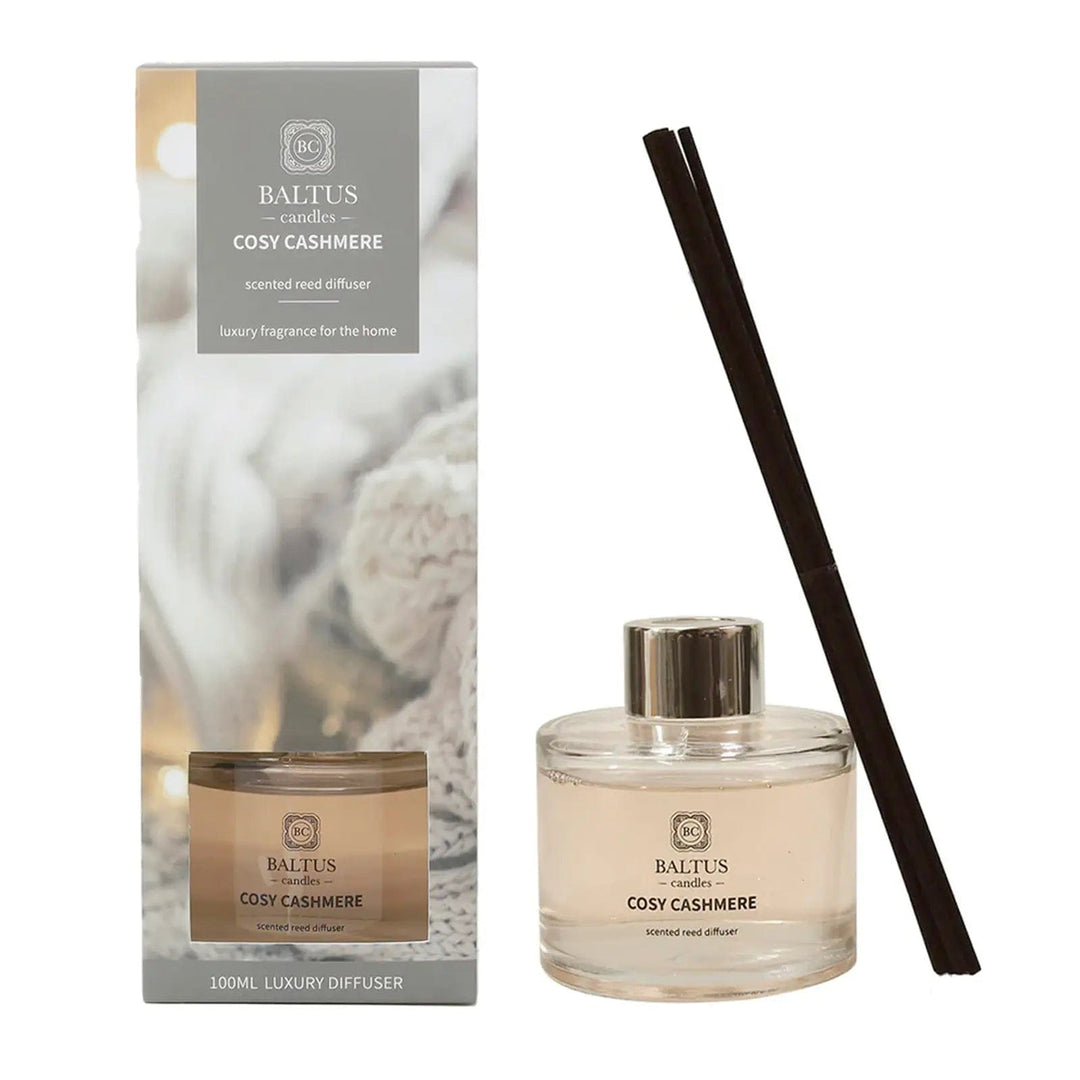 Cosy Cashmere scented reed diffuser 100ml with black reeds and gift box packaging