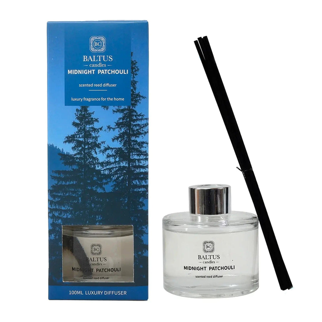 Midnight Patchouli scented reed diffuser 100ml with black reeds and gift box packaging