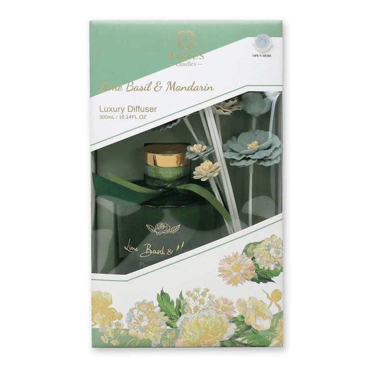 lime & basil & mandarin reed diffuser box with green floral details and gold accents