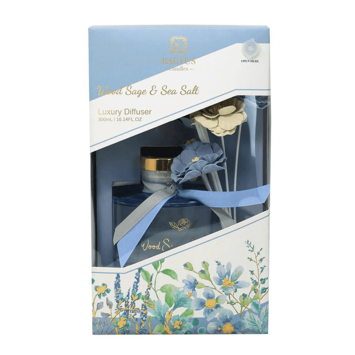 gift box packaging featuring blue floral details and gold accents