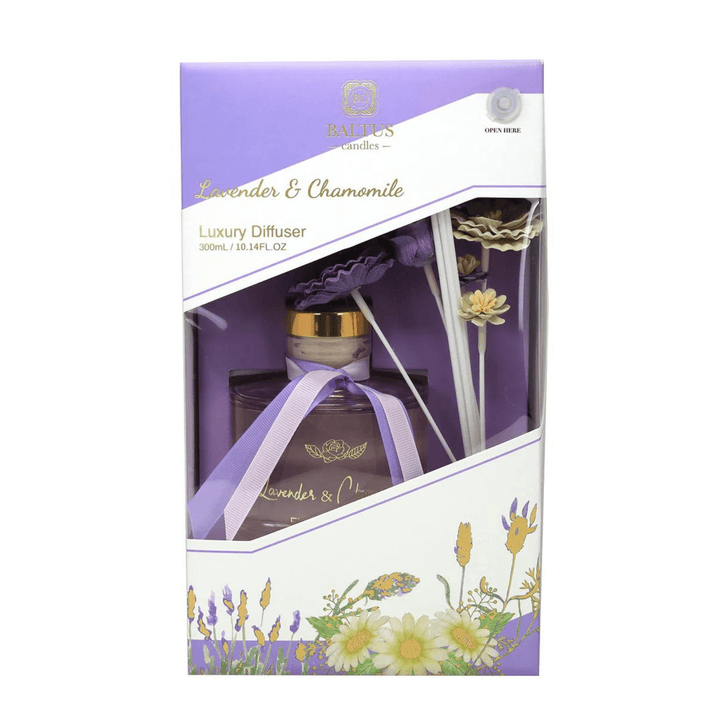 lavender and chamomile purple box packaging with floral details