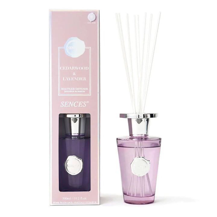 Cedarwood and lavender scented room diffuser with lilac fragrance, silver top and white reeds