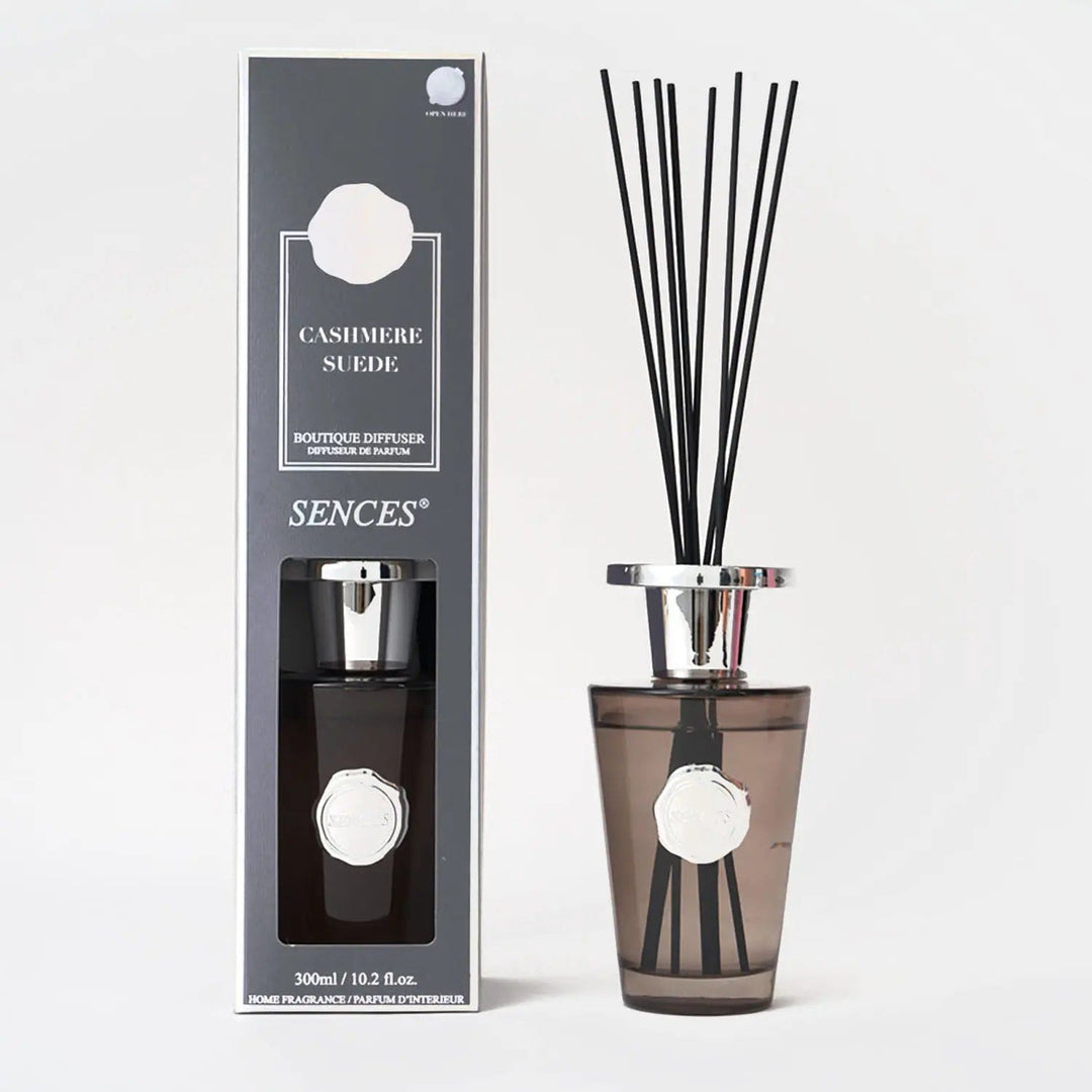 Cashmere Suede large 300ml boutique diffuser with black reeds and silver top bottle