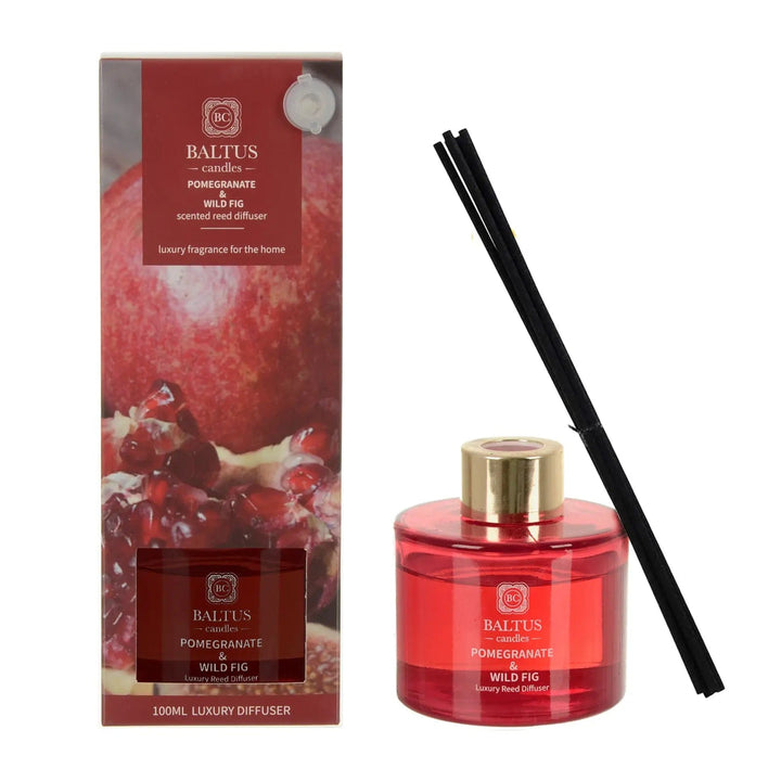 Pomegranate & Wild Fig scented reed diffuser 100ml with black reeds and gift box packaging