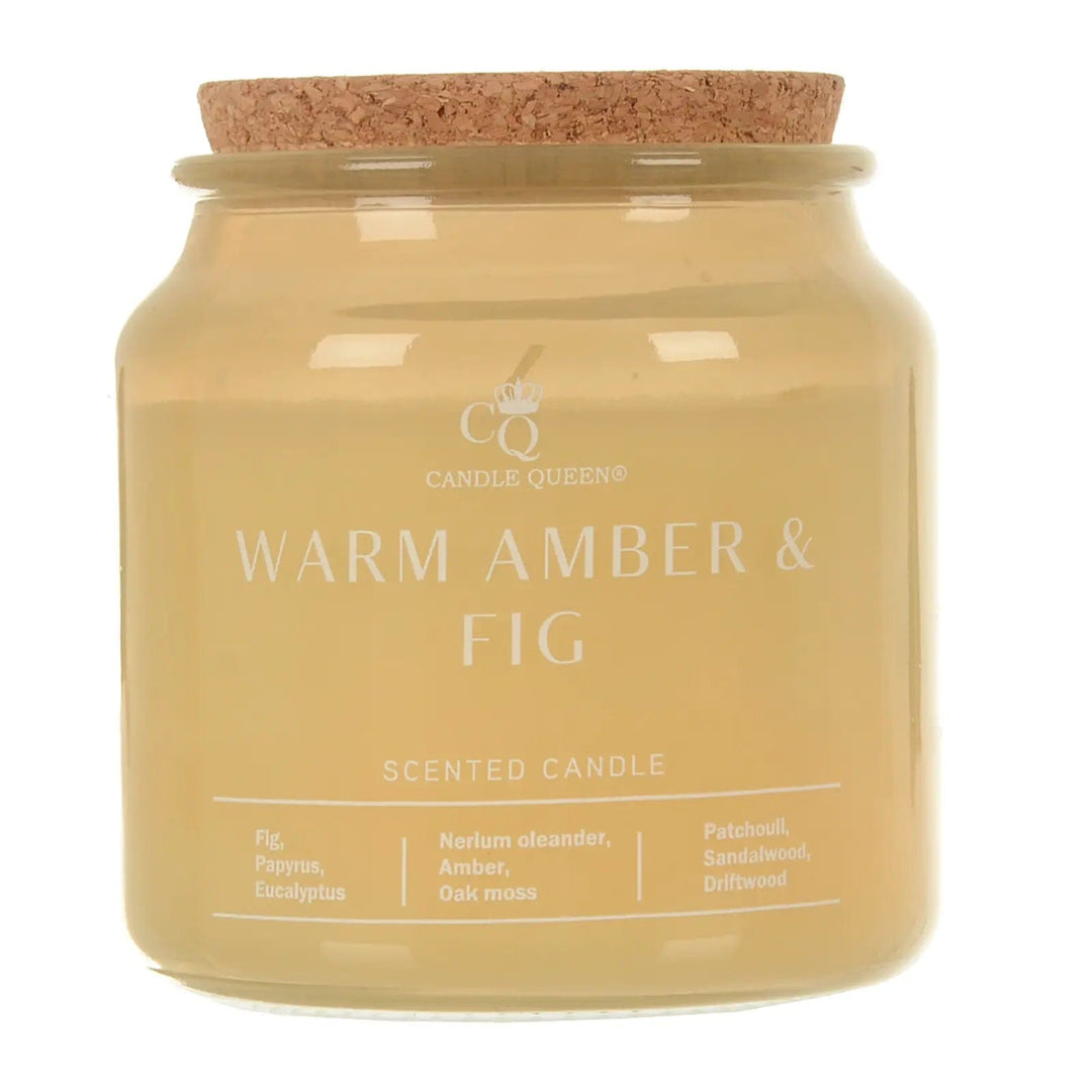 Warm Amber & Fig scented candle in a glass jar with cork lid