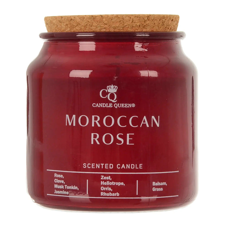 Moroccan Rose scented candle in a glass jar with cork lid